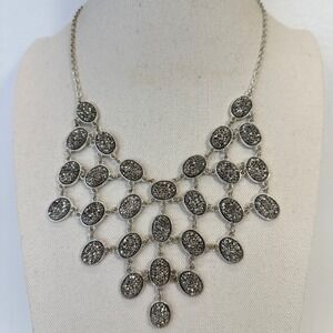 Silver Tone Bib Necklace‎ with Gray Druzy Style Oval Stones Statement